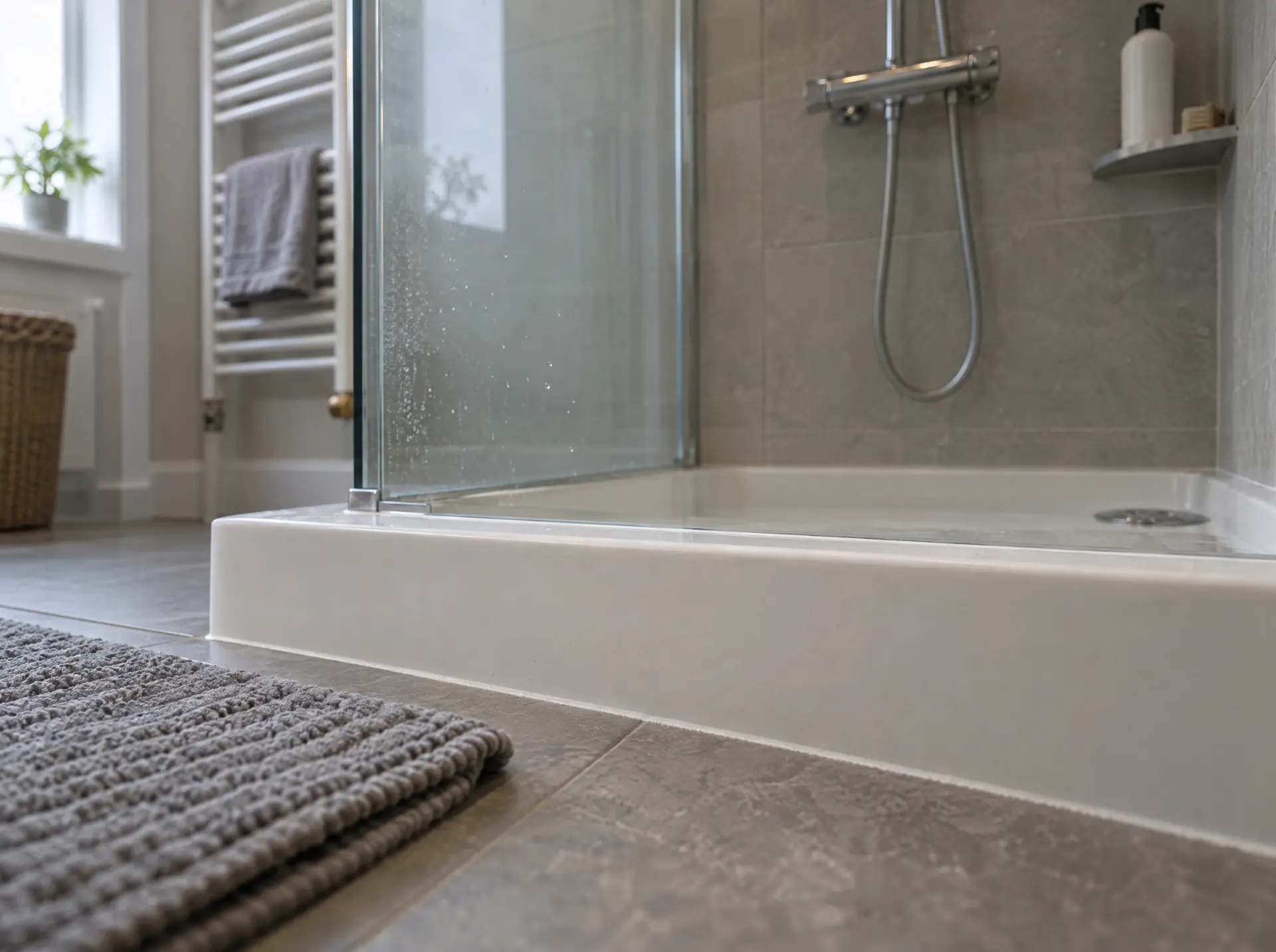 Bathroom with a walk-in shower tray, grey tiled floor and glass screen