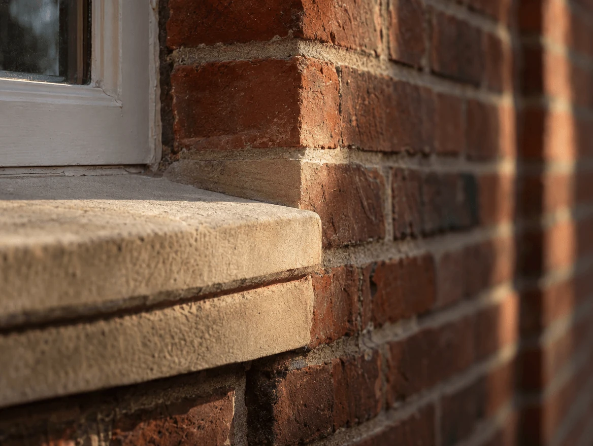 Brick elevation with a stone window cill in evening sunlight