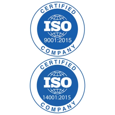 ISO 9001:2015 and ISO 14001:2015 certified company marks